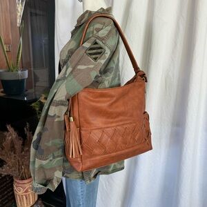 NWT Darcy Marks London vegan leather shoulder tote with woven details